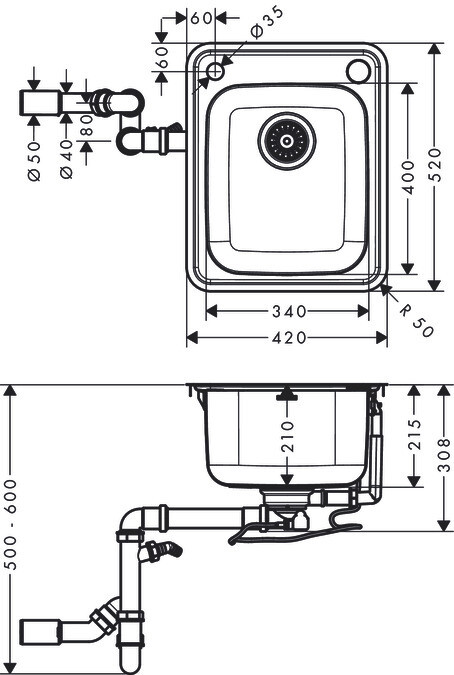 Évier de cuisine Hansgrohe encastré simple bac 34 x 40 cm en acier inoxydable brossé