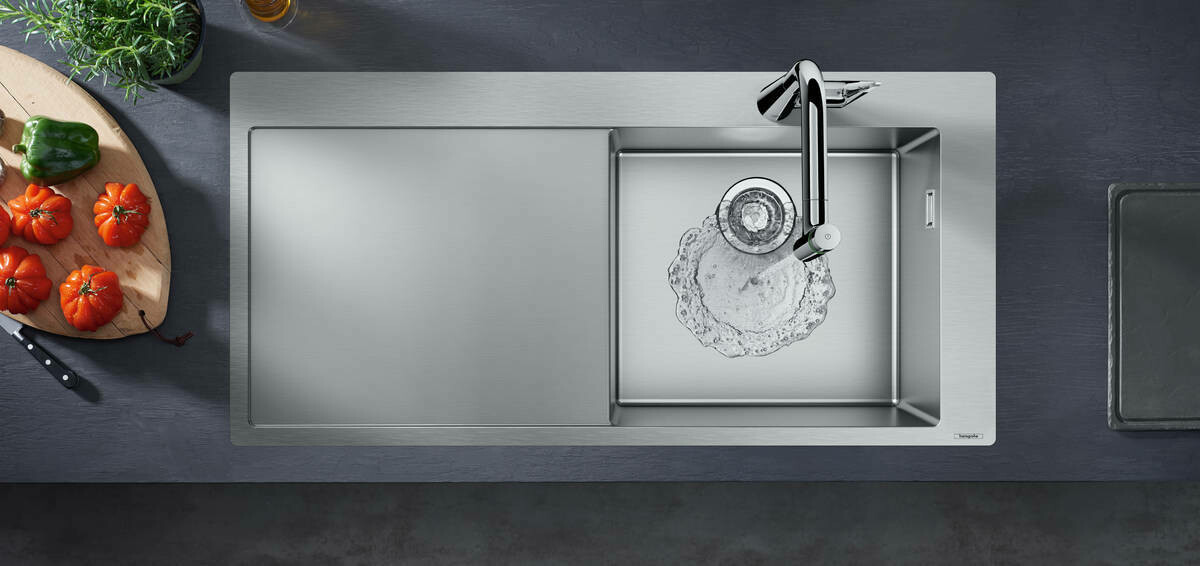 Évier de cuisine Hansgrohe encastré simple bac 102 cm avec égouttoir en acier inoxydable brossé — vue 3