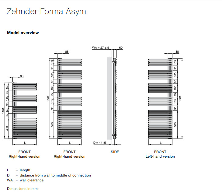 Radiateur sèche-serviettes Zehnder (Acova) Forma Asym 120 x 50 cm - Noir — vue 3