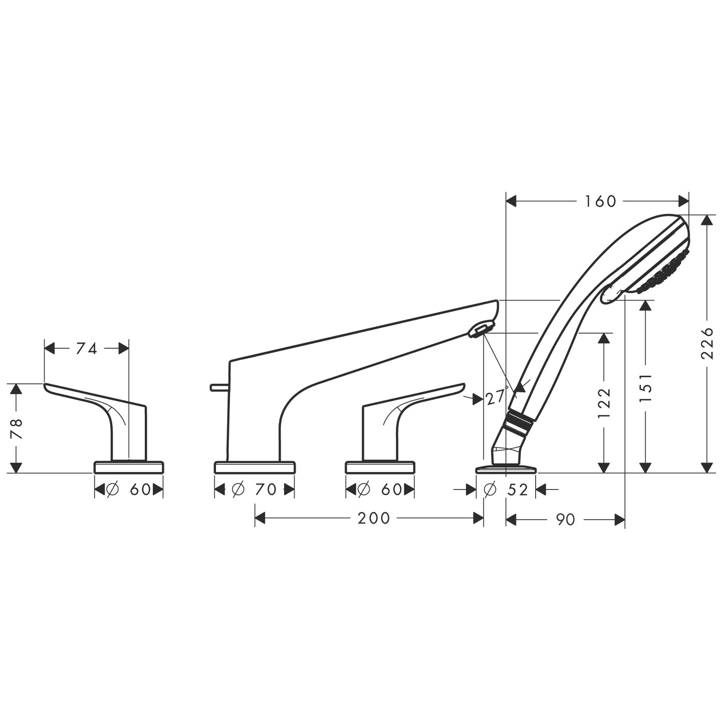 Mélangeur 4 trous pour montage sur bord de baignoire Hansgrohe Focus - vue 2