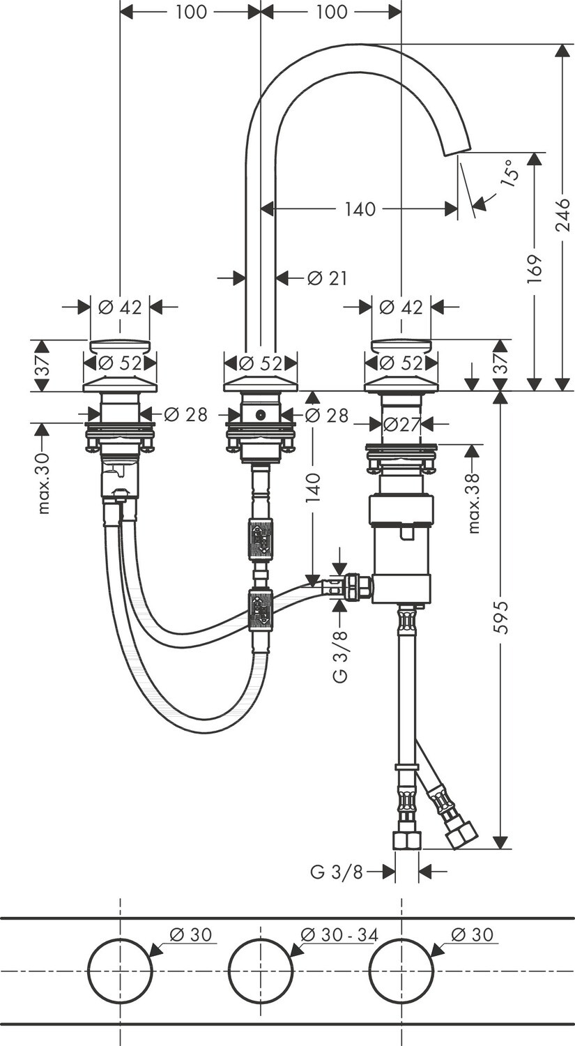 Mélangeur de lavabo 3 trous Axor One 170 surélevé avec bonde push-open