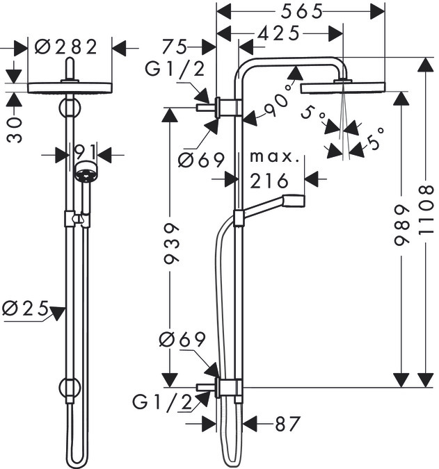 Colonne de douche AXOR One avec douche de tête 280 pour installation encastrée - vue 2