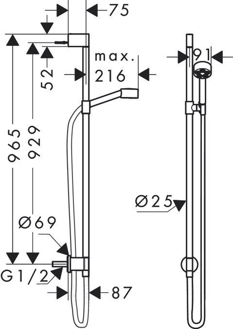 Barre de douche AXOR One avec douchette à main 1 jet Ecosmart 75 et coude de raccordement intégré - vue 3