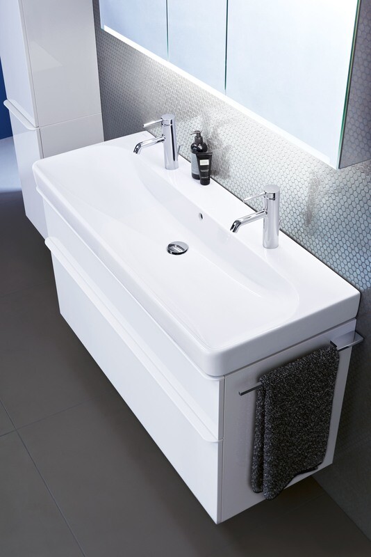 Meuble bas Geberit Smyle Square pour lavabo 120 cm avec deux tiroirs en blanc laqué ultra-brillant