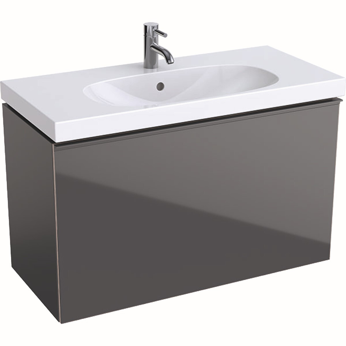 Meuble bas Geberit Acanto pour lavabo 90 cm avec un tiroir intérieur en gris velouté laqué mat et un tiroirs gris velouté verre brillant