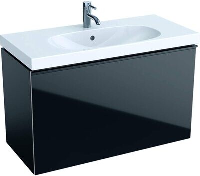 Meuble bas Geberit Acanto pour lavabo 90 cm avec un tiroir intérieur en noir laqué mat et un tiroirs noir verre brillant