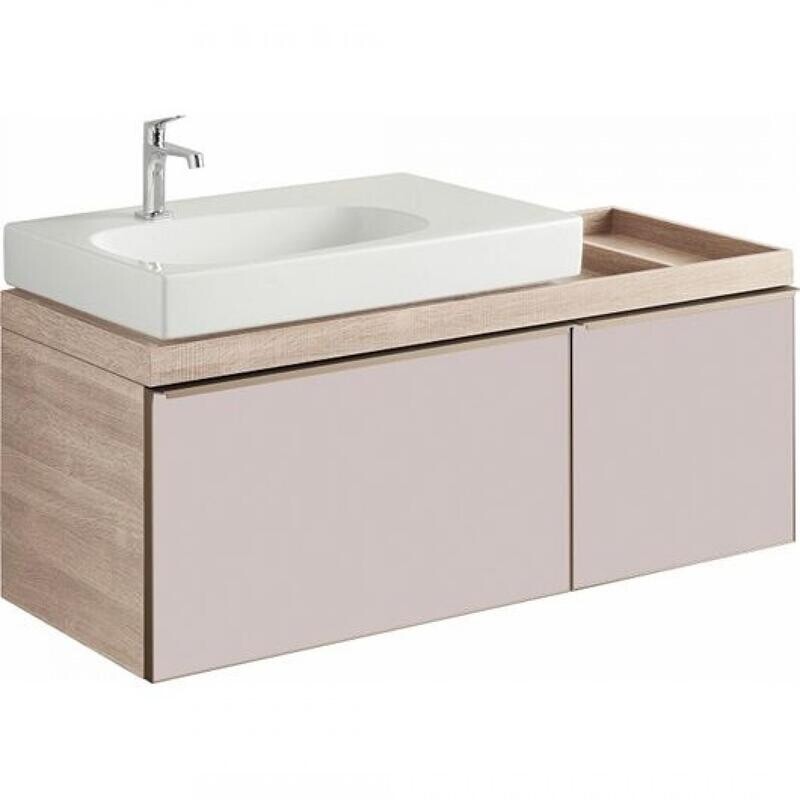 Meuble bas pour lavabo Geberit Citterio 75 cm avec un espace de rangement en chêne beige et deux tiroirs en verre taupe-brillant