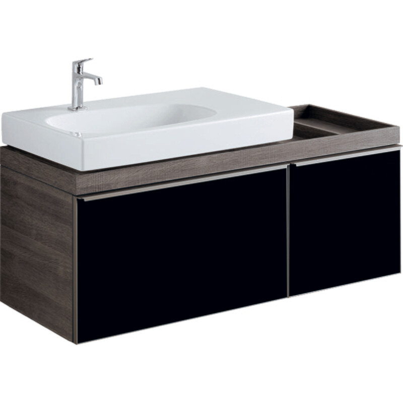 Meuble bas pour lavabo Geberit Citterio 90 cm avec deux tiroirs en noir verre brillant et plage de dépose et corps en chêne gris brun structuré bois