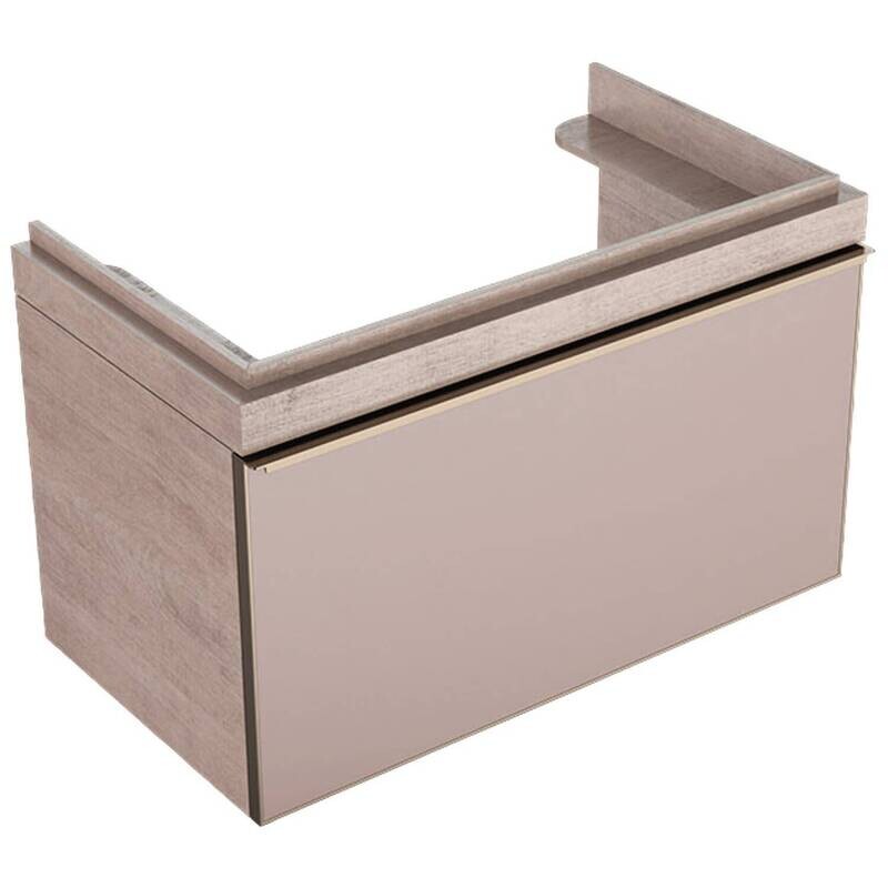 Meuble bas pour lavabo Geberit Citterio 90 cm avec un tiroir en taupe verre brillant et corps chêne beige structuré bois