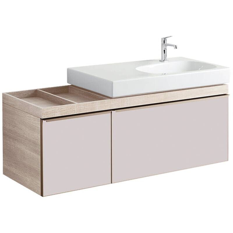 Meuble bas pour lavabo Geberit Citterio 90 cm en chêne beige avec un espace de rangement à gauche et deux tiroirs en taupe verre brillant