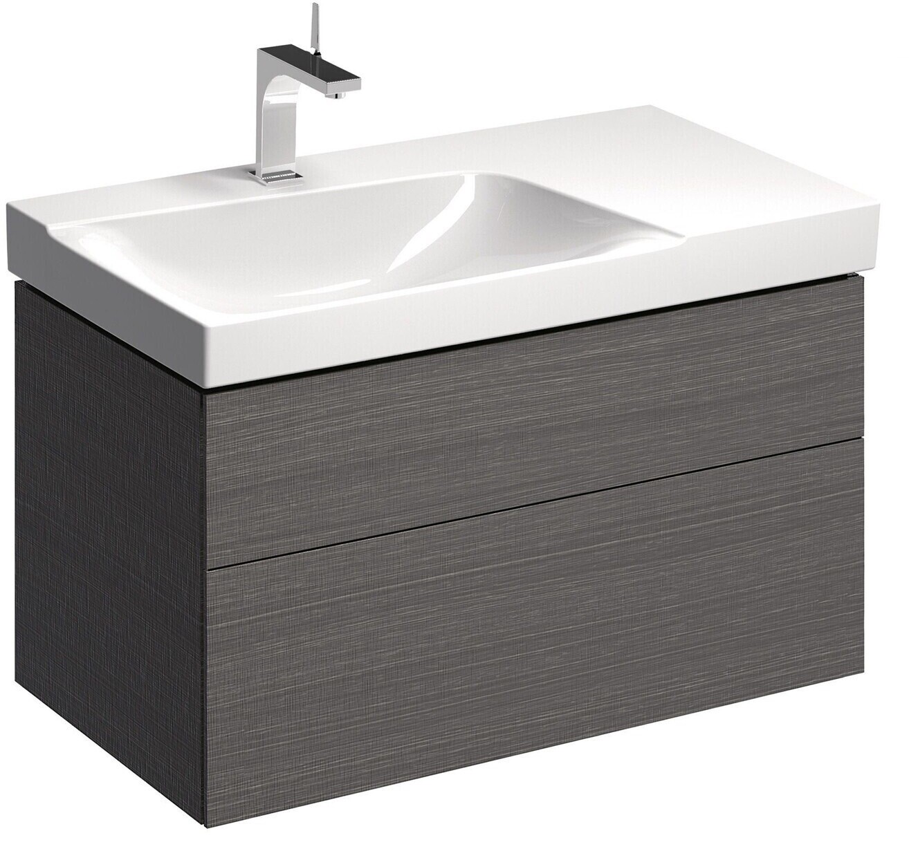Meuble bas pour lavabo Geberit Xeno² 90 cm avec plage de dépose avec deux tiroirs en gris structuré bois