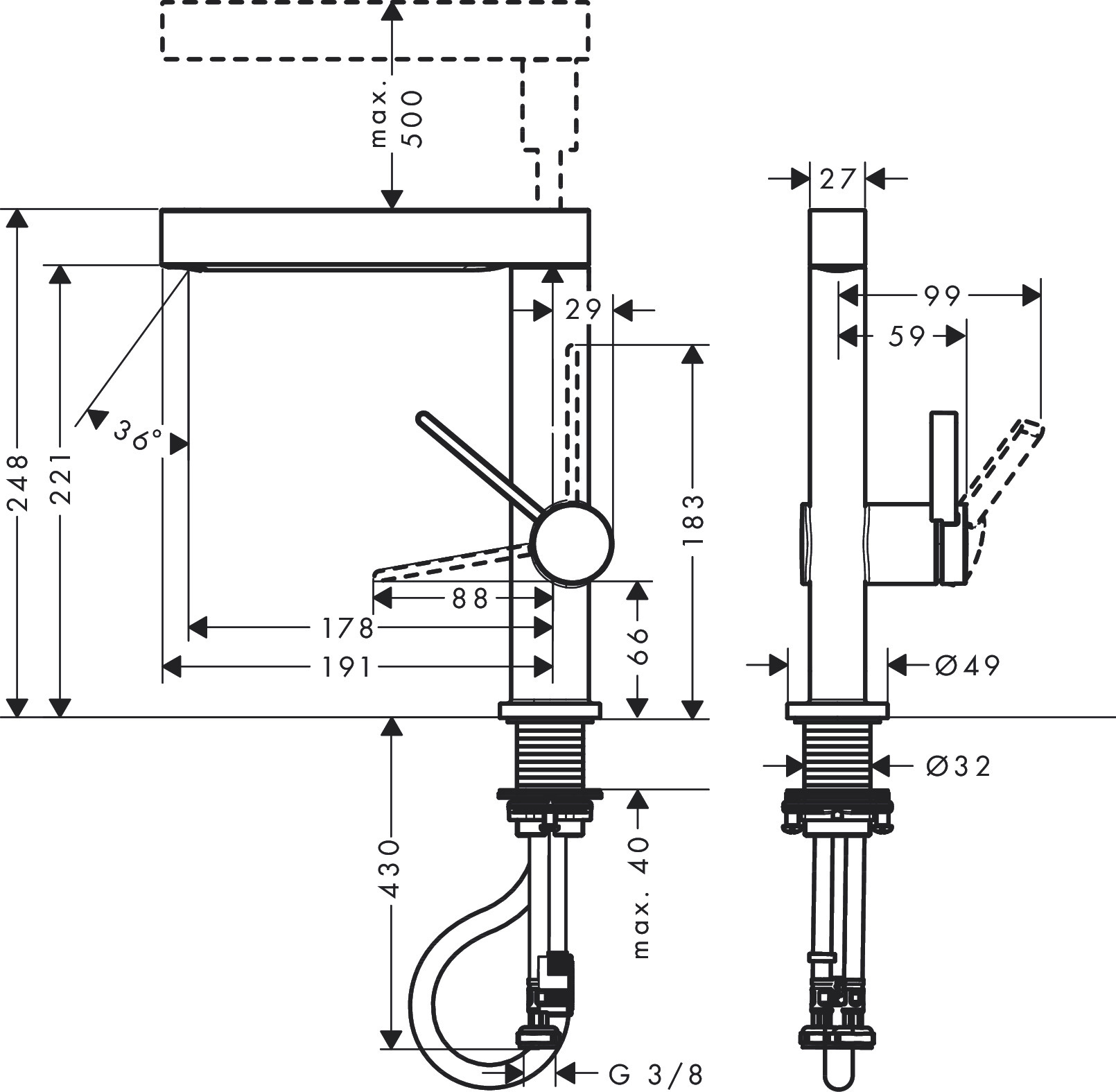 Mitigeur de lavabo Hansgrohe Finoris 230 avec douchette extractible 2 jets et bonde push-open - vue 6