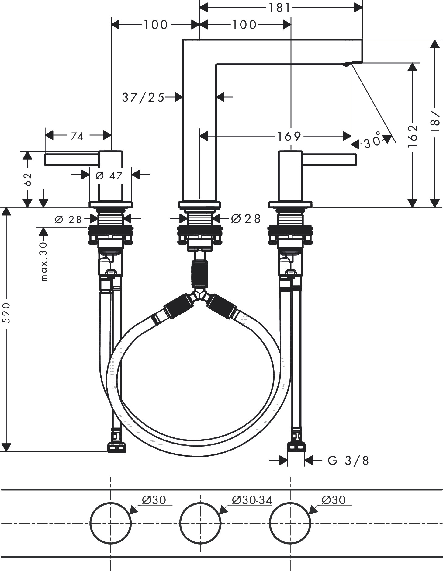 Mélangeur de lavabo 3 trous Hansgrohe Finoris 160 avec bonde push-open - vue 4