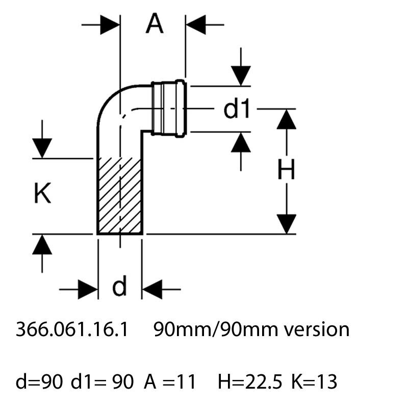 Geberit PEHD connection elbow for wall-hung toilet: d= 90 mm; d1 = 90 mm