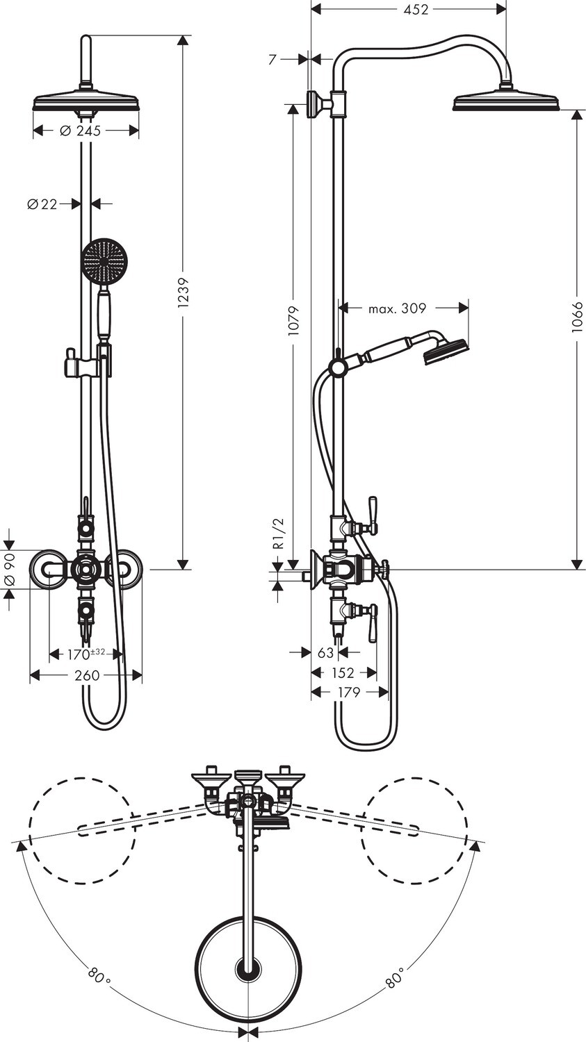 Colonne de douche Showerpipe AXOR Montreux 240 1 jet avec mitigeur thermostatique — vue 3