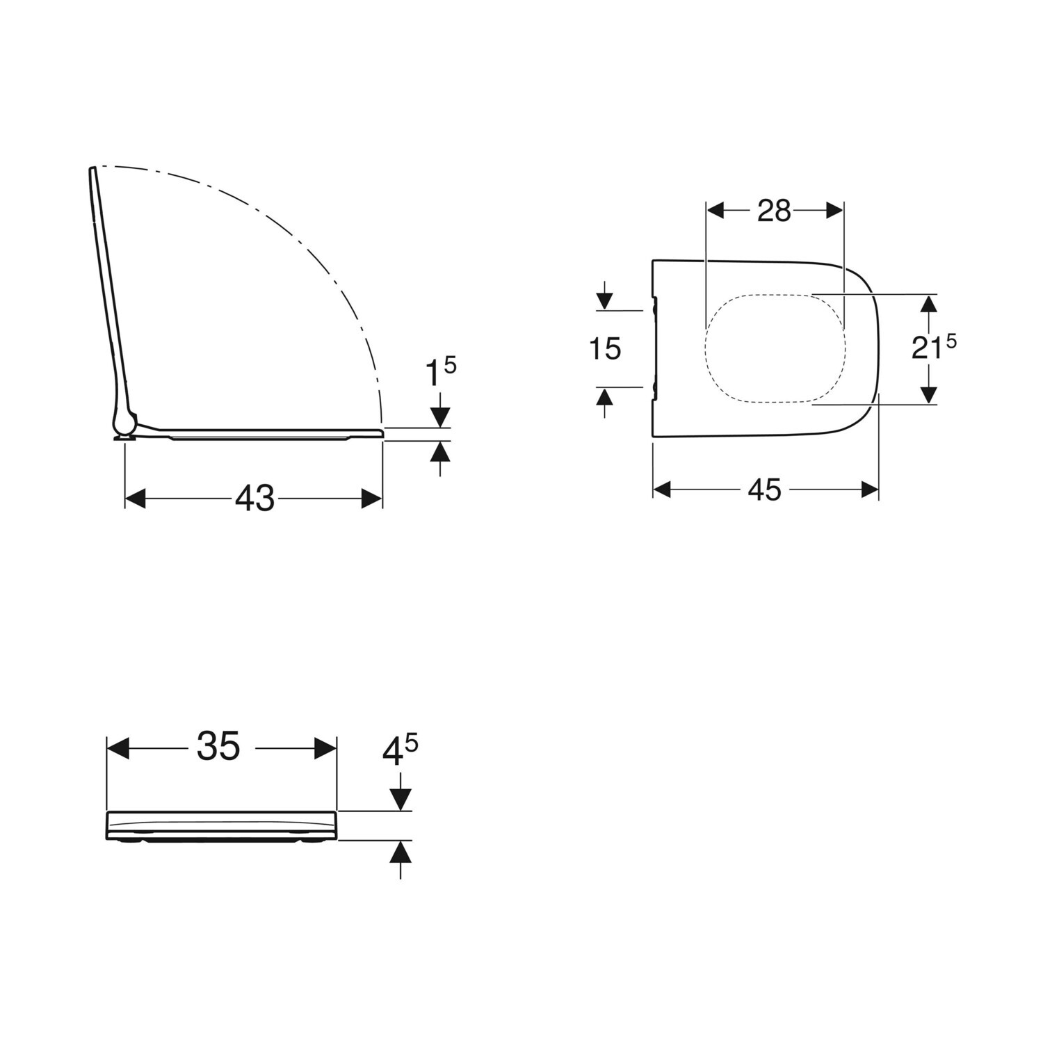 Abattant de toilettes Geberit Smyle Square, 35 cm de large, 45 cm de profondeur, 4,5 cm de haut, Duroplast, antibactérien.