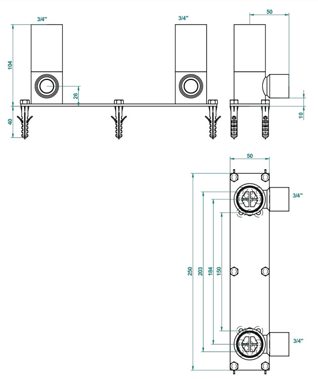 Platine de fixation pour mélangeur de baignoire sur pieds THG, arrivées F 3/4" sorties F 3/4" — vue 2