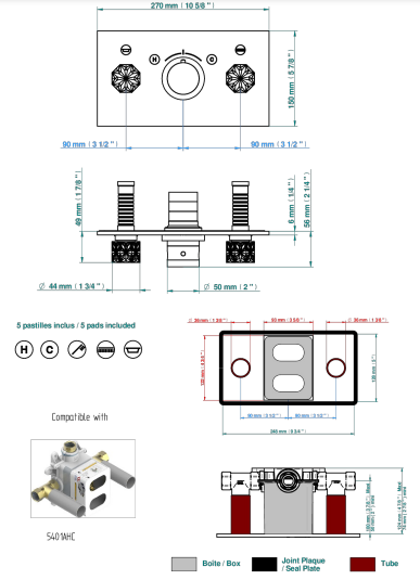 Set de finition THG pour douche thermostatique à encastrer avec deux robinets d'arrêt pour installation horizontale à 2 fonctions - Collection "Nihal porcelaine bleue" - vue 6