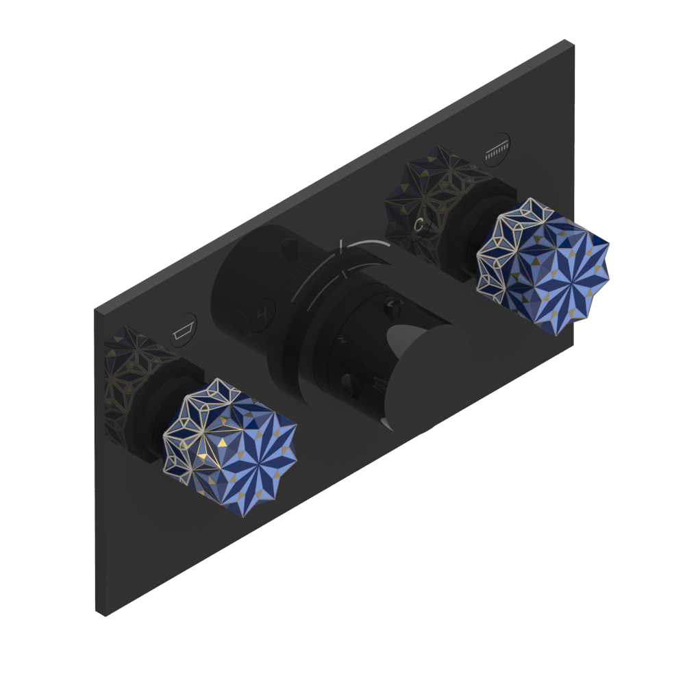 Set de finition THG pour douche thermostatique à encastrer avec deux robinets d'arrêt pour installation horizontale à 2 fonctions - Collection "Nihal porcelaine bleue" — vue 3