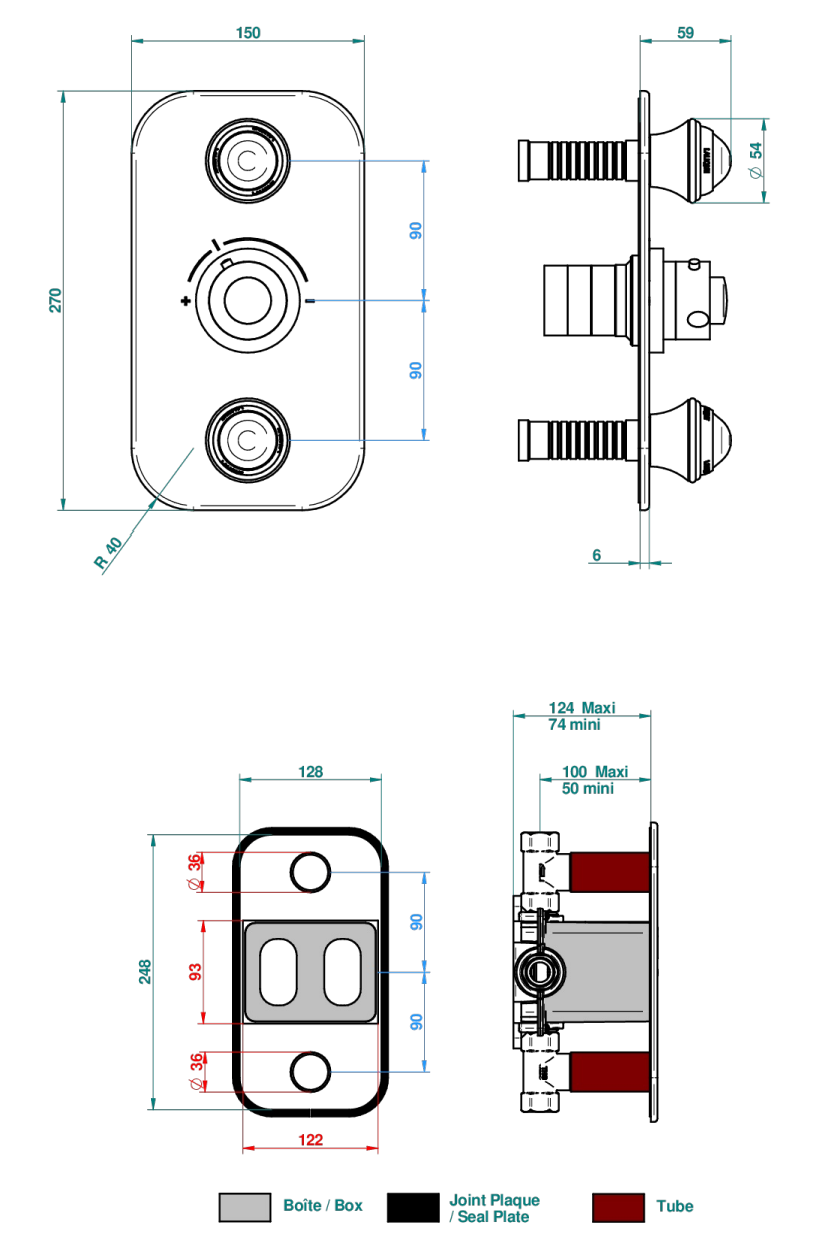 Set de finition THG pour douche thermostatique à encastrer avec deux robinets d'arrêt à 2 fonctions - Collection "Papillon" - vue 6