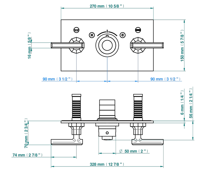 Set de finition THG pour douche thermostatique à encastrer avec deux robinets d'arrêt pour installation horizontale à 2 fonctions - Collection "Les Ondes à manettes" - vue 6