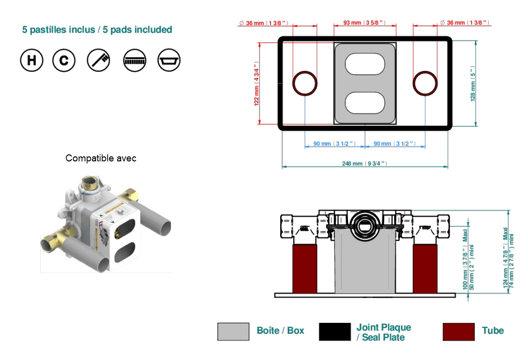 Set de finition THG pour douche thermostatique à encastrer avec deux robinets d'arrêt pour installation horizontale à 2 fonctions - Collection "Yoko Delta" - vue 7