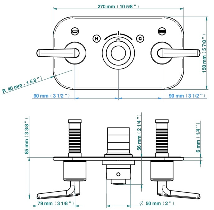 Set de finition THG pour douche thermostatique à encastrer avec deux robinets d'arrêt pour installation horizontale à 2 fonctions - Collection "Bondi à manettes" - vue 6