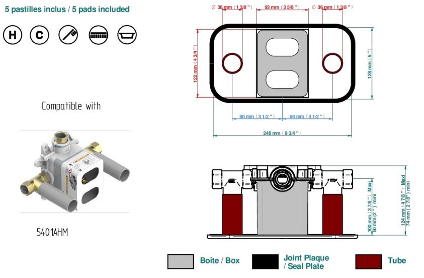 Set de finition THG pour douche thermostatique à encastrer avec deux robinets d'arrêt pour installation horizontale à 2 fonctions - Collection "Bondi à manettes" - vue 7