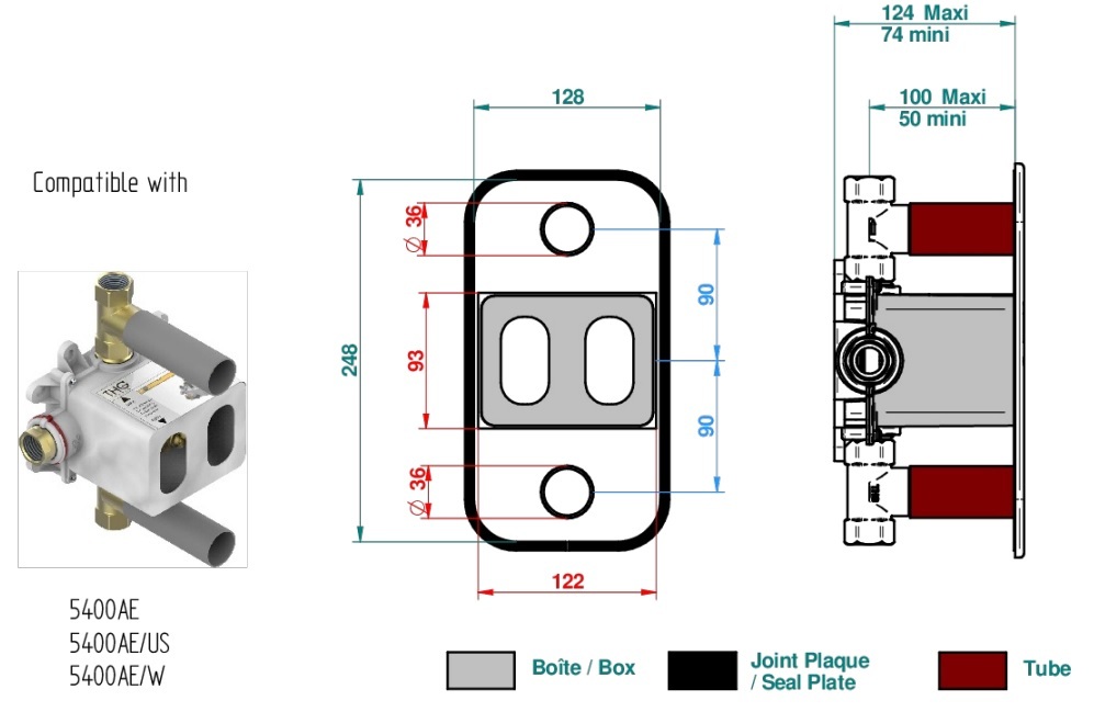 Set de finition THG pour douche thermostatique à encastrer avec deux robinets d'arrêt - Collection "Bondi à manettes" - vue 5