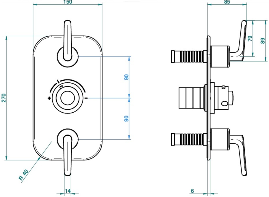 Set de finition THG pour douche thermostatique à encastrer avec deux robinets d'arrêt - Collection "Bondi à manettes" - vue 4