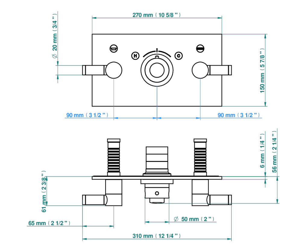 Set de finition THG pour douche thermostatique à encastrer avec deux robinets d'arrêt pour installation horizontale à 2 fonctions - Collection "Anoa"