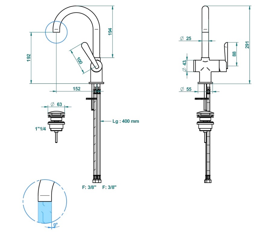 Mitigeur de lavabo monotrou THG 190 avec vidage bec haut - Collection "Dean" - vue 5