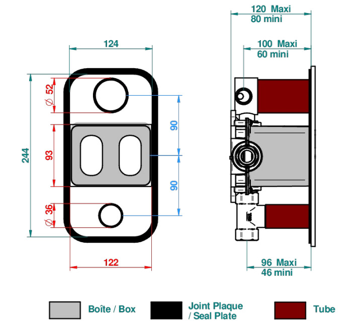 Set de finition THG pour douche thermostatique à encastrer 3 fonctions avec une fonction arrêt et 2 sorties et une fonction arrêt simple - Collection "Le 11" — vue 5