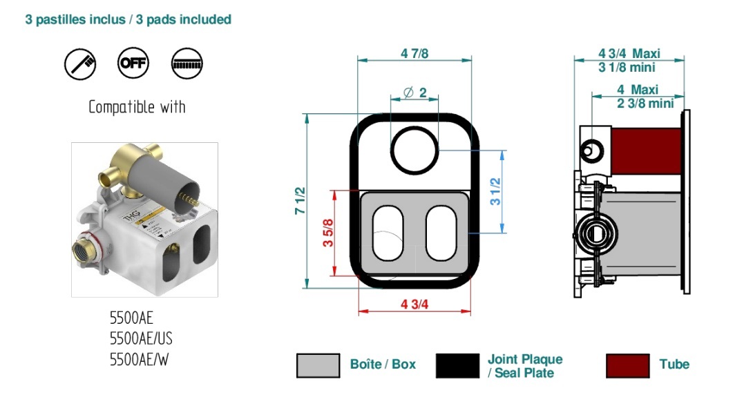 Set de finition THG pour douche thermostatique à encastrer 2 fonctions avec inverseur - Collection "Dean" - vue 6