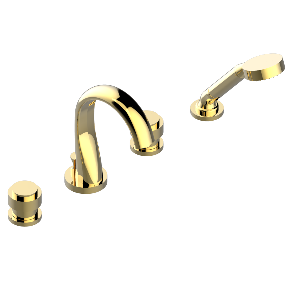 Ensemble de robinetterie de salle de bain dorée avec douche, installation à quatre trous, bec et poignée, collection Diplomate, marque THG.