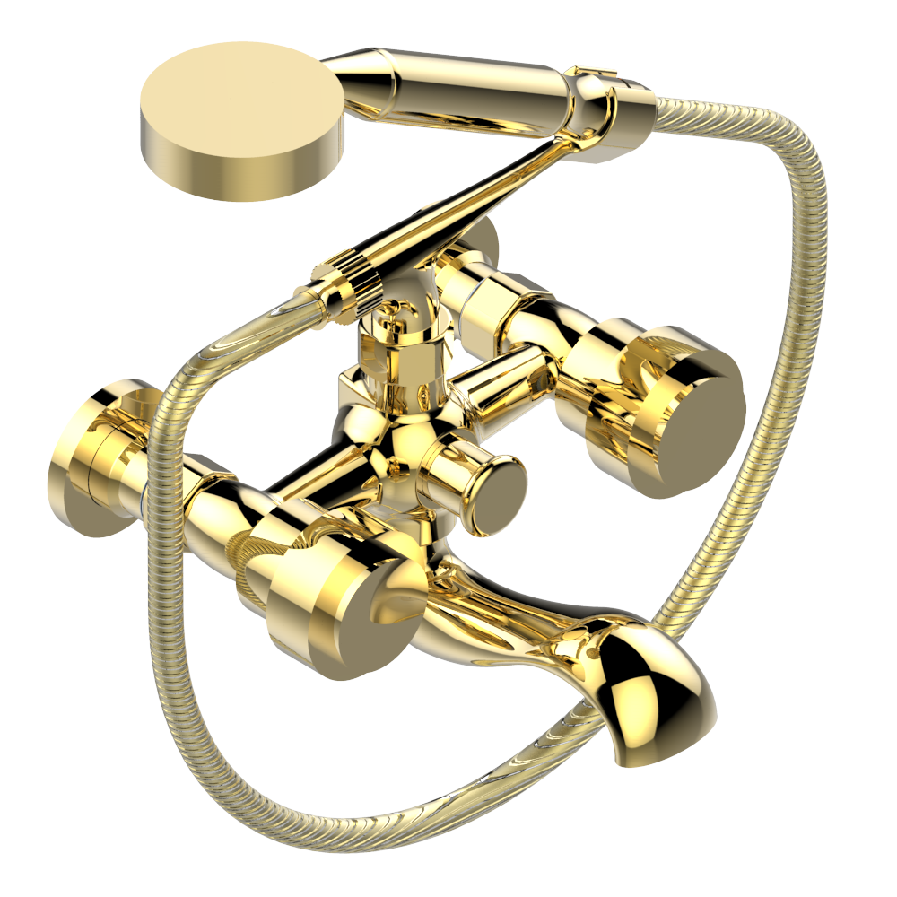 Robinet mitigeur de salle de bains doré avec pommeau de douche et flexible, faisant partie de la collection THG Diplomate, finition laiton.