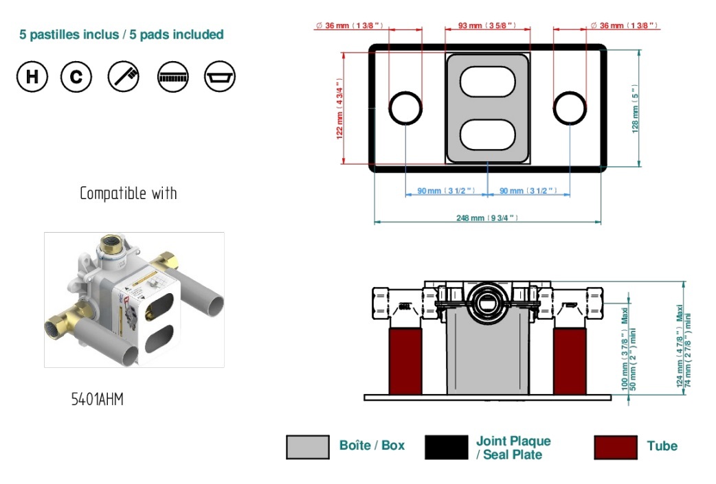 Set de finition THG pour douche thermostatique à encastrer avec deux robinets d'arrêt pour installation horizontale à 2 fonctions - Collection "Beluga à manettes" - vue 7