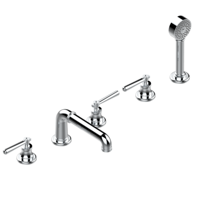 Mélangeur de bain / douche 5 trous THG avec bec super goliath, 2 côtés sur gorge et douchette alimentée par mitigeur à cartouche progressive Collection "Beaubourg à manettes"