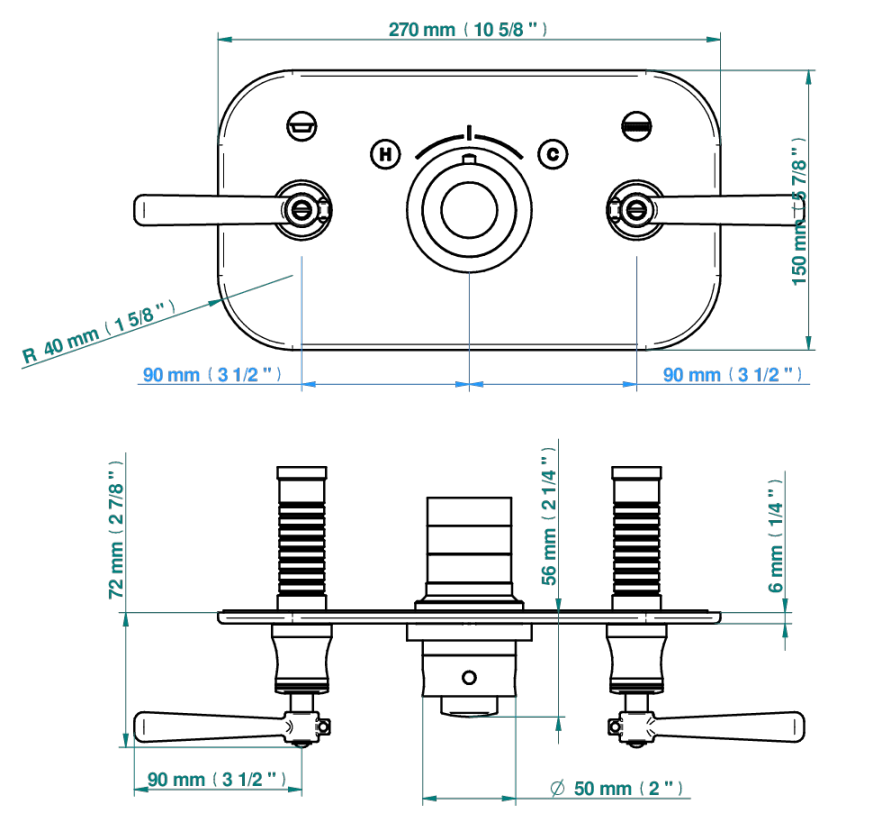Set de finition THG pour douche thermostatique à encastrer avec deux robinets d'arrêt pour installation horizontale à 2 fonctions - Collection "Beaubourg à manettes" - vue 4