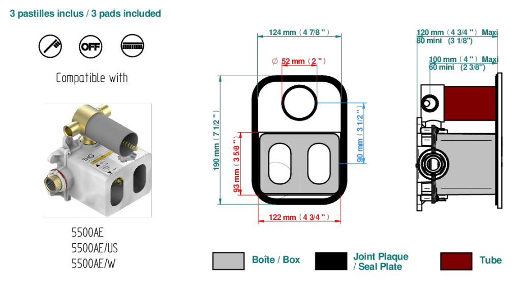 Set de finition THG pour douche thermostatique à encastrer 2 fonctions avec inverseur - Collection "Lalique Cristal Clair à manettes" — vue 5