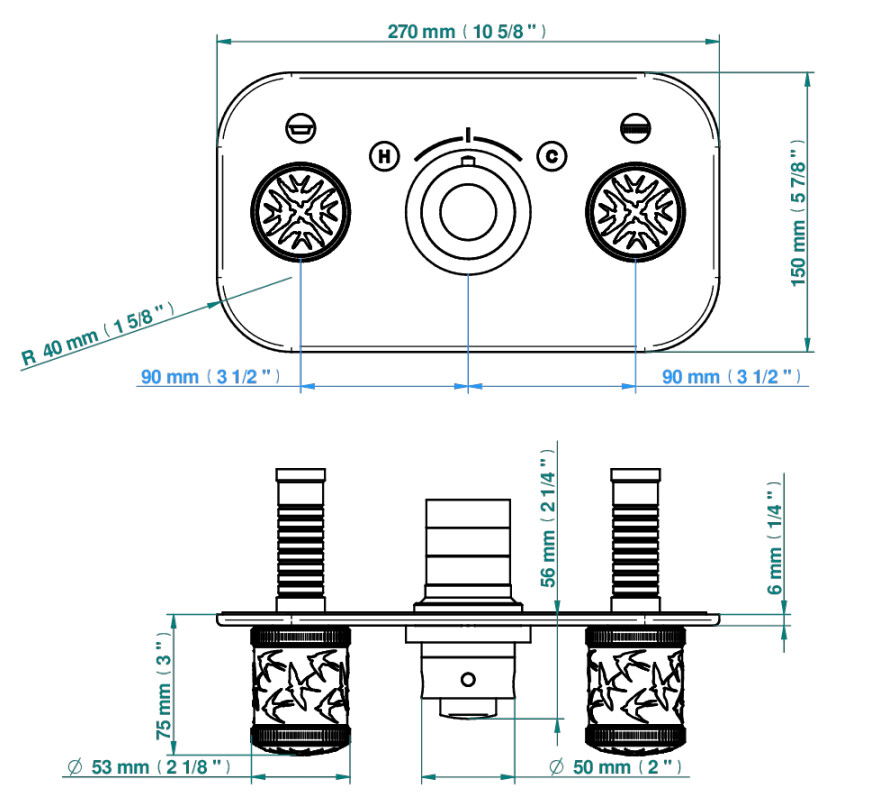 Set de finition THG pour douche thermostatique à encastrer avec deux robinets d'arrêt pour installation horizontale à 2 fonctions - Collection "Hirondelles tamponnées Or" — vue 5