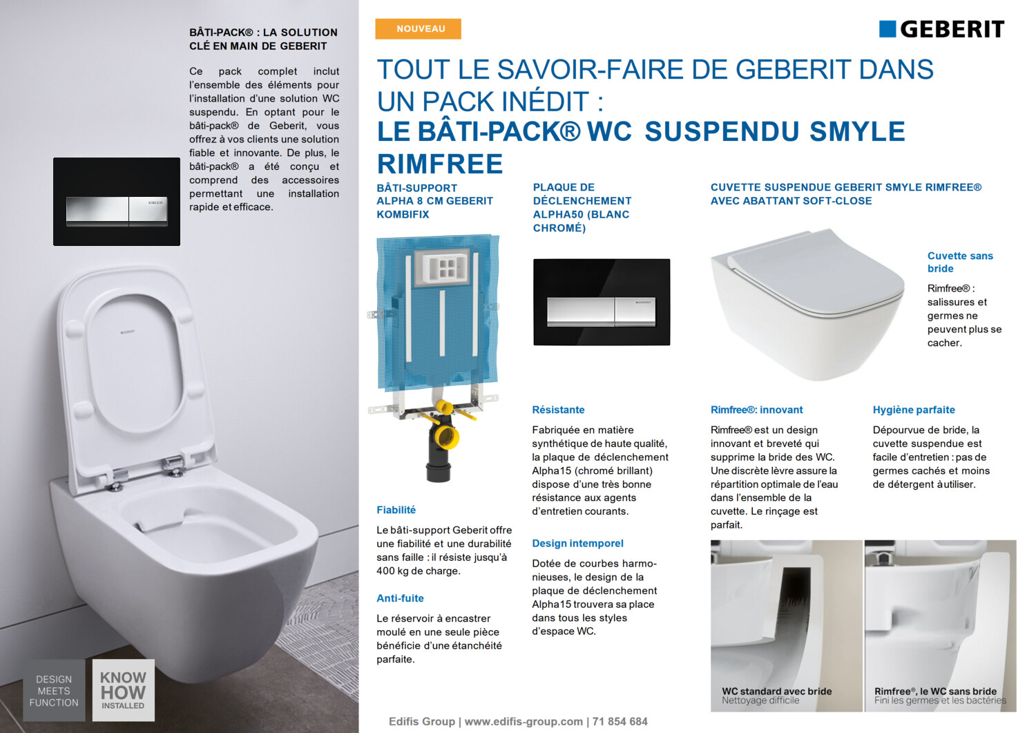 Bâti-pack® WC suspendu Geberit Smyle Rimfree avec plaque design Alpha 50