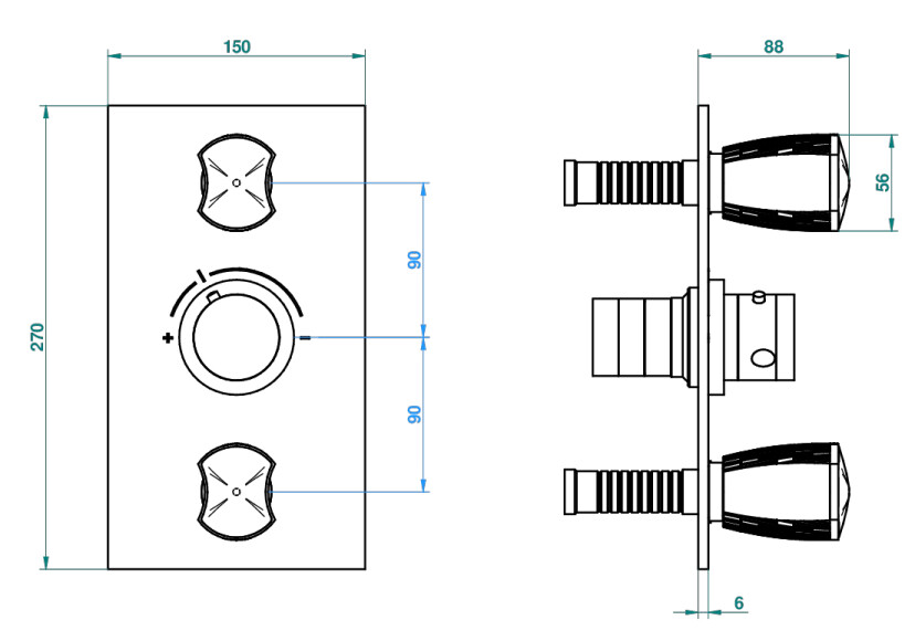 Set de finition THG pour douche thermostatique à encastrer avec deux robinets d'arrêt pour installation horizontale à 2 fonctions - Collection "Infini porcelaine blanche" — vue 4