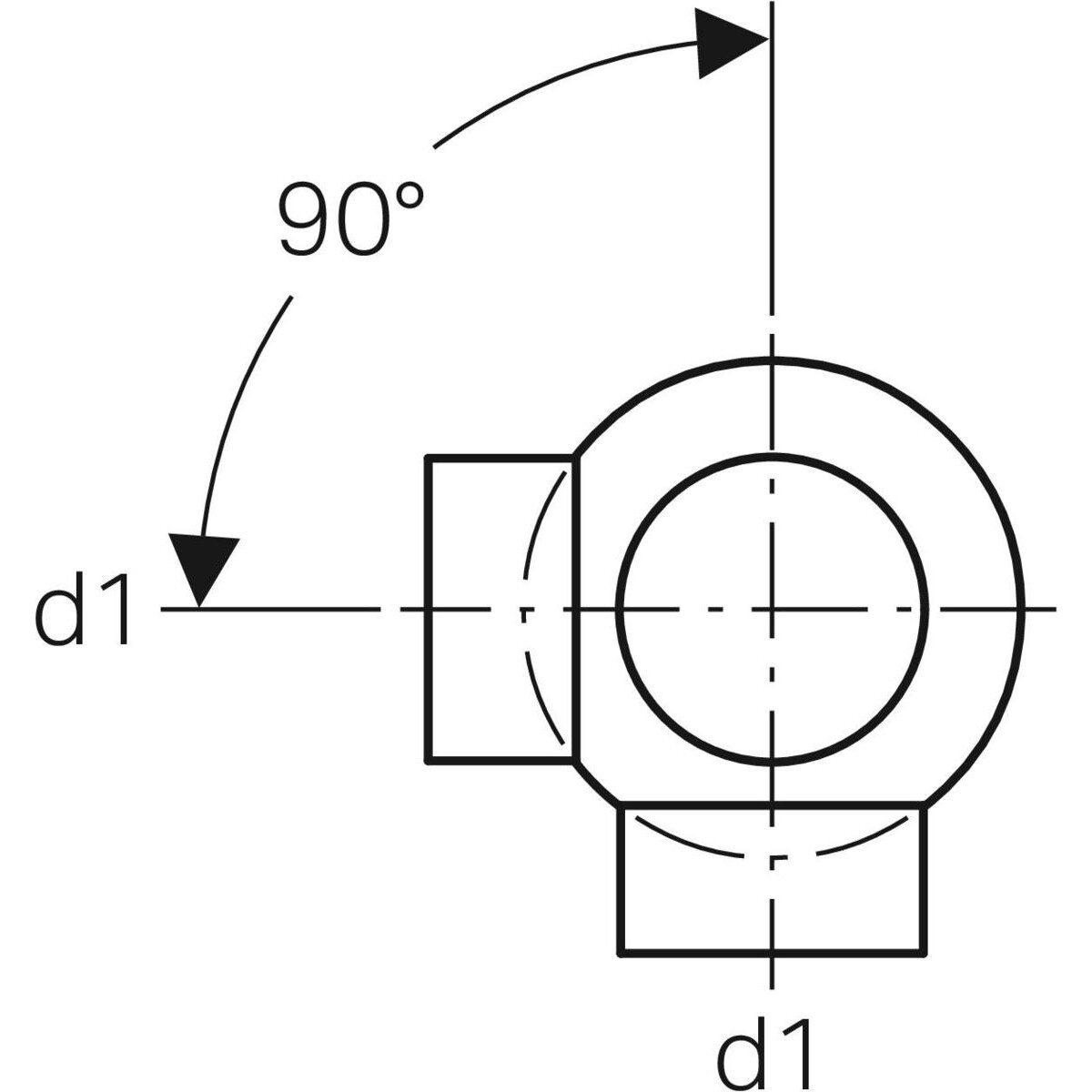Embranchement boule 88.5° Geberit PEHD à deux départs, raccords 90° déportés : d=110mm, d1=63mm — vue 3
