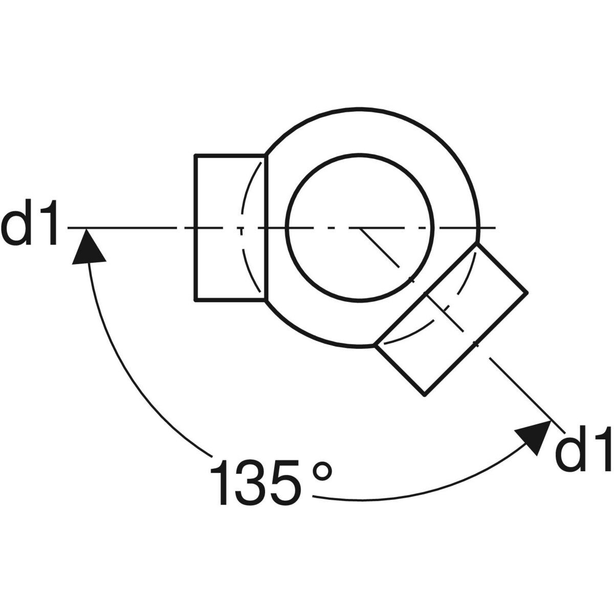 Embranchement boule 88.5° Geberit PEHD à deux départs, raccords 135° déportés : d=110mm, d1=75mm — vue 3