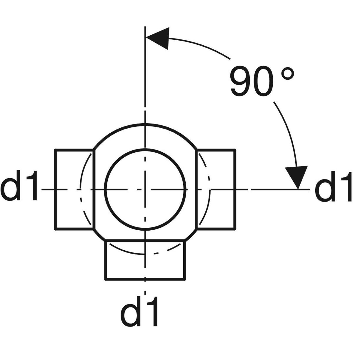 Embranchement boule 88.5° Geberit PEHD à trois départs, raccords 90° déportés : d=110mm, d1=110mm — vue 3