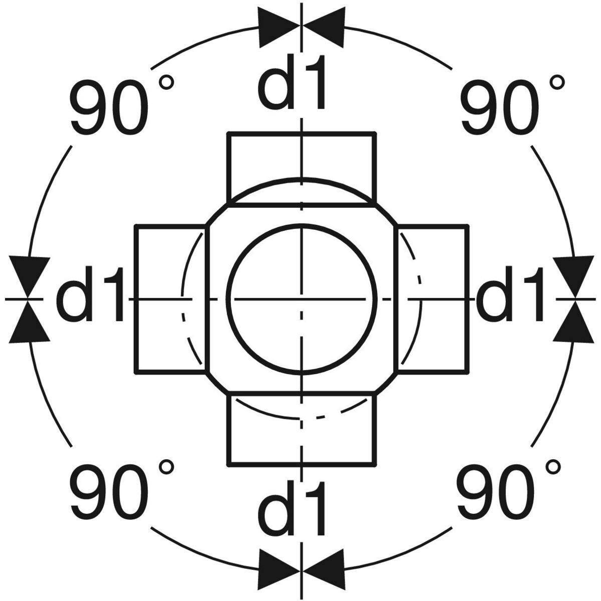 Embranchement boule 88.5° Geberit PEHD à quatre départs, raccords 90° déportés : d=110mm, d1=110mm — vue 3