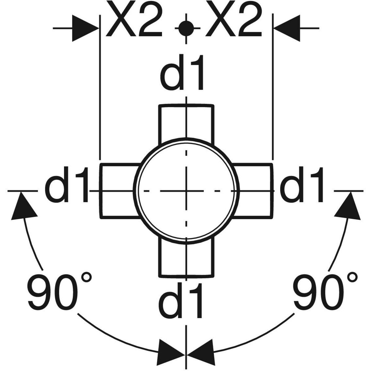 Embranchement 88.5° (T) Geberit PEHD à quatre départs : d=110mm, d1=56mm — vue 3