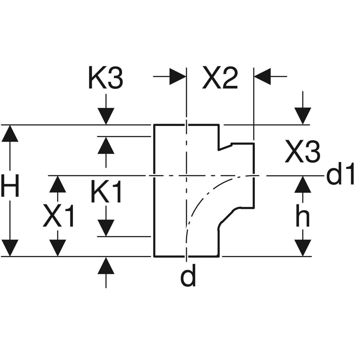 Embranchement 88.5° (T) Geberit PEHD avec départ coudé : d=110mm, d1=110mm — vue 3