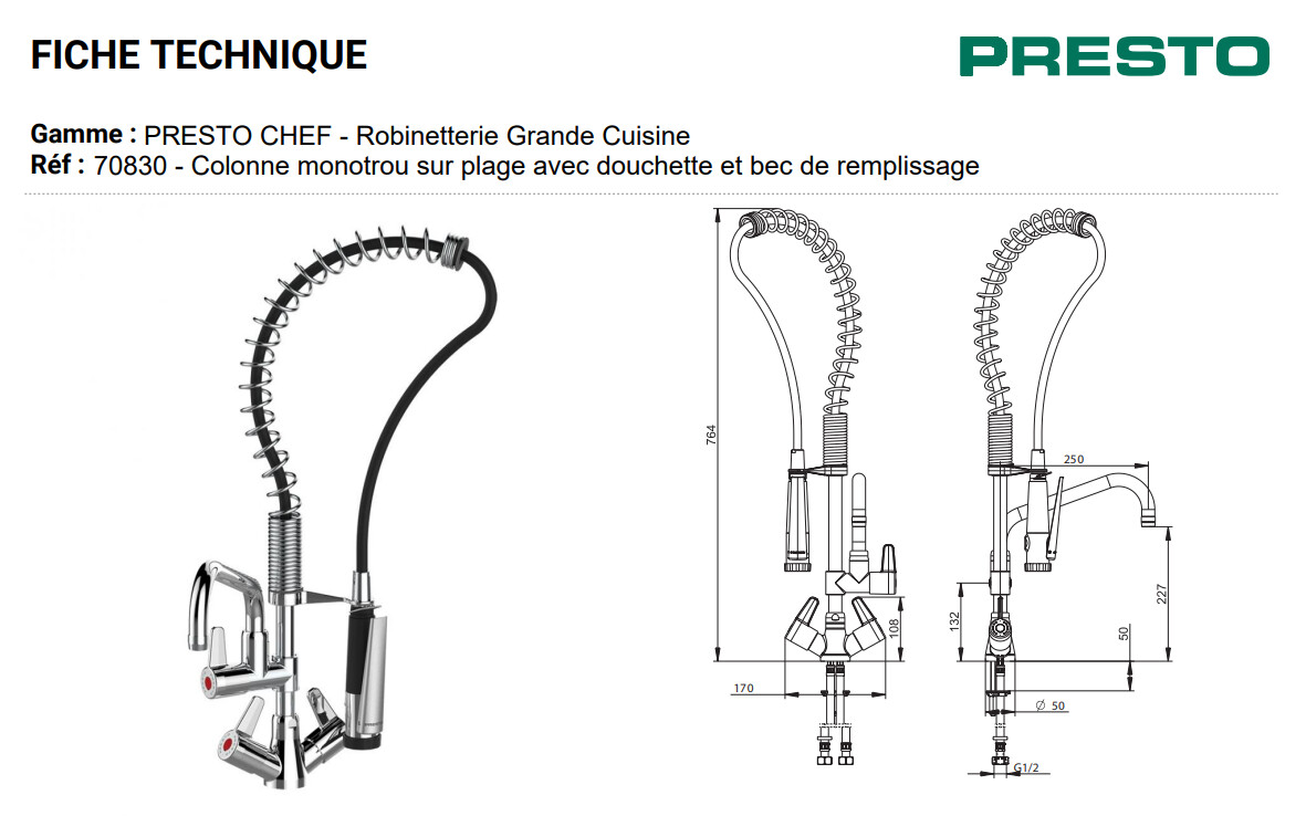 Mitigeur de cuisine sur plage avec douchette et bec de remplissage Presto Chef — vue 3